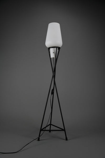 Elegant mid century floor Lamp black painted Iron lamp with milk glass shade - Lighting Floor