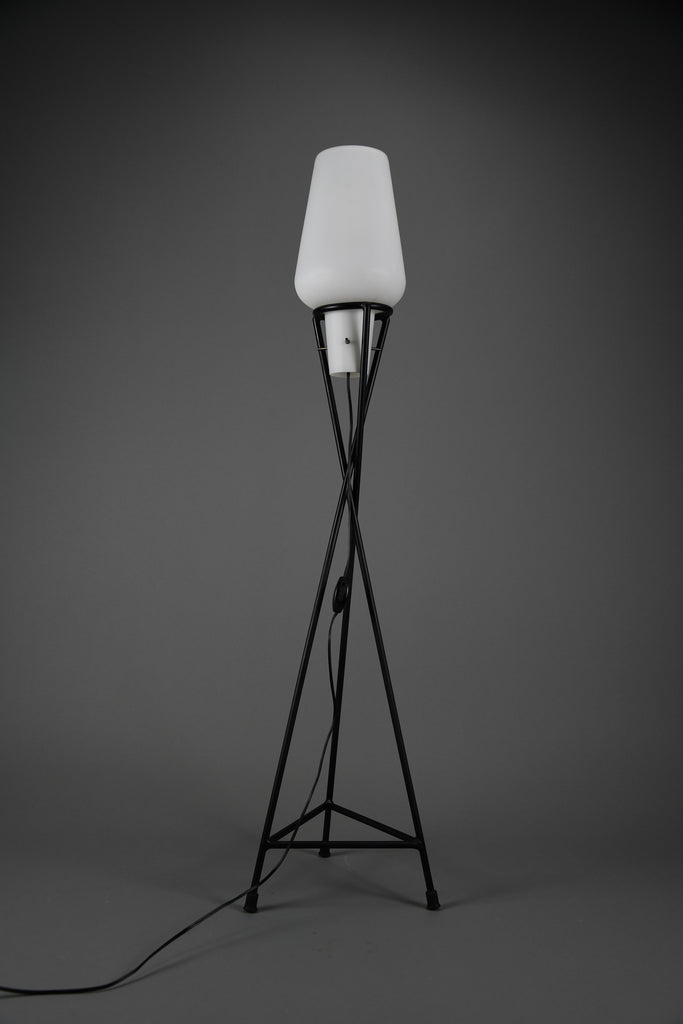 Elegant mid century floor Lamp black painted Iron lamp with milk glass shade - Lighting Floor