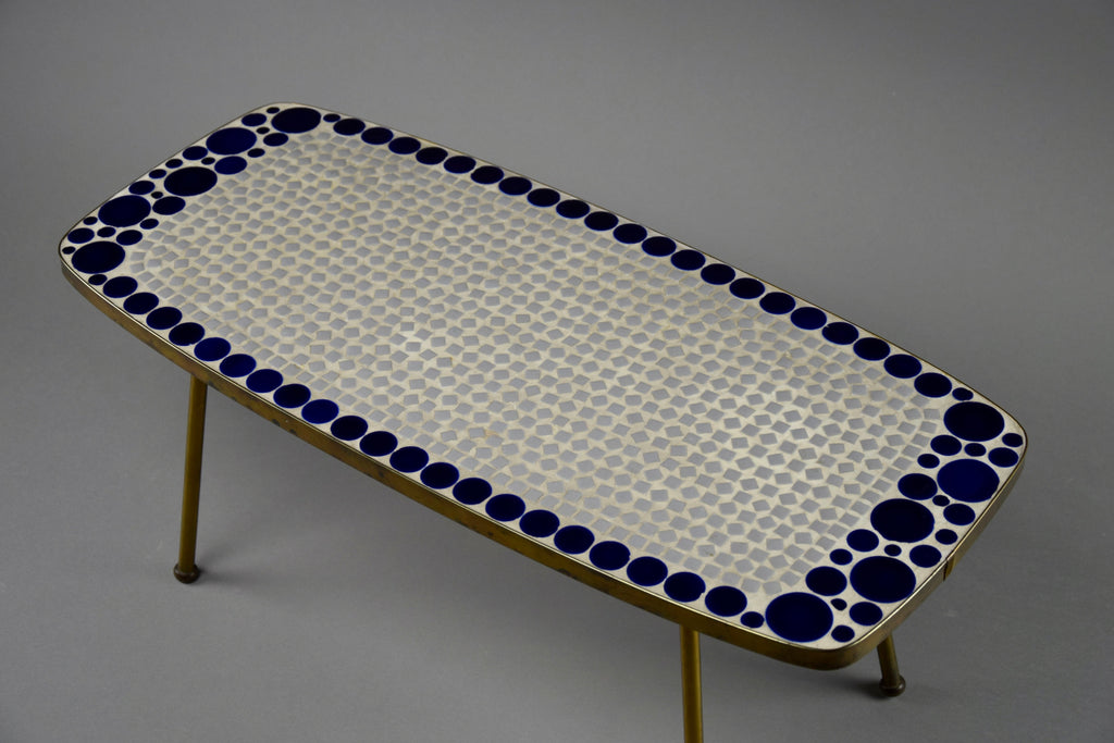 Grey and Blue Glass Mosaic Brass Mid-Century Modern Side Table - Furniture