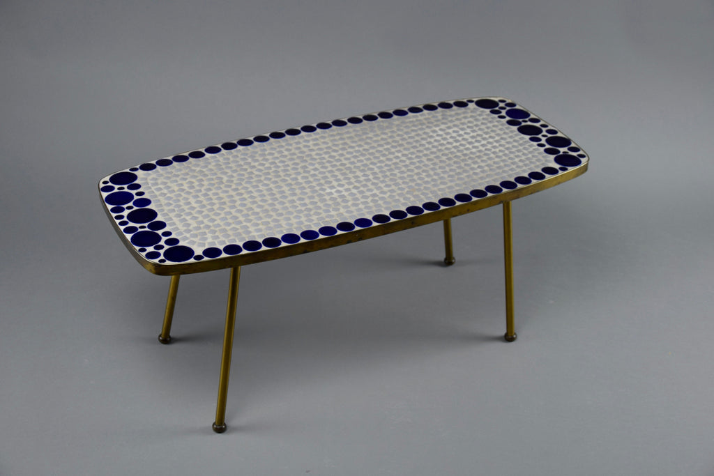 Grey and Blue Glass Mosaic Brass Mid-Century Modern Side Table - Furniture