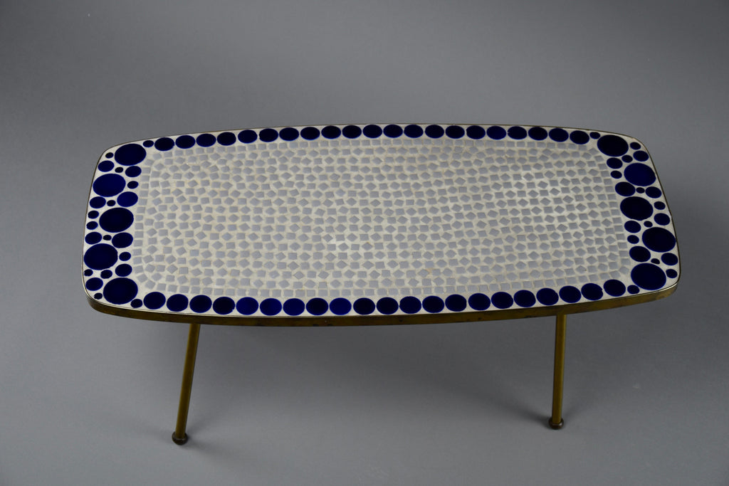 Grey and Blue Glass Mosaic Brass Mid-Century Modern Side Table - Furniture