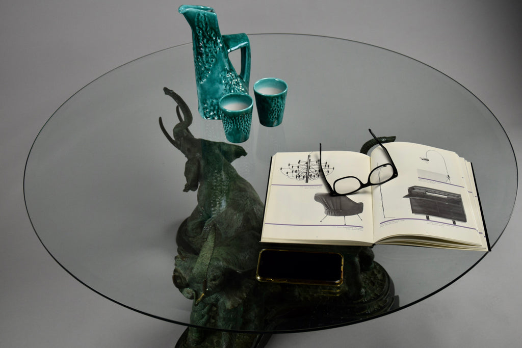 Italian hollywood regency brass elephants coffee Table with glass round top - Coffee Table