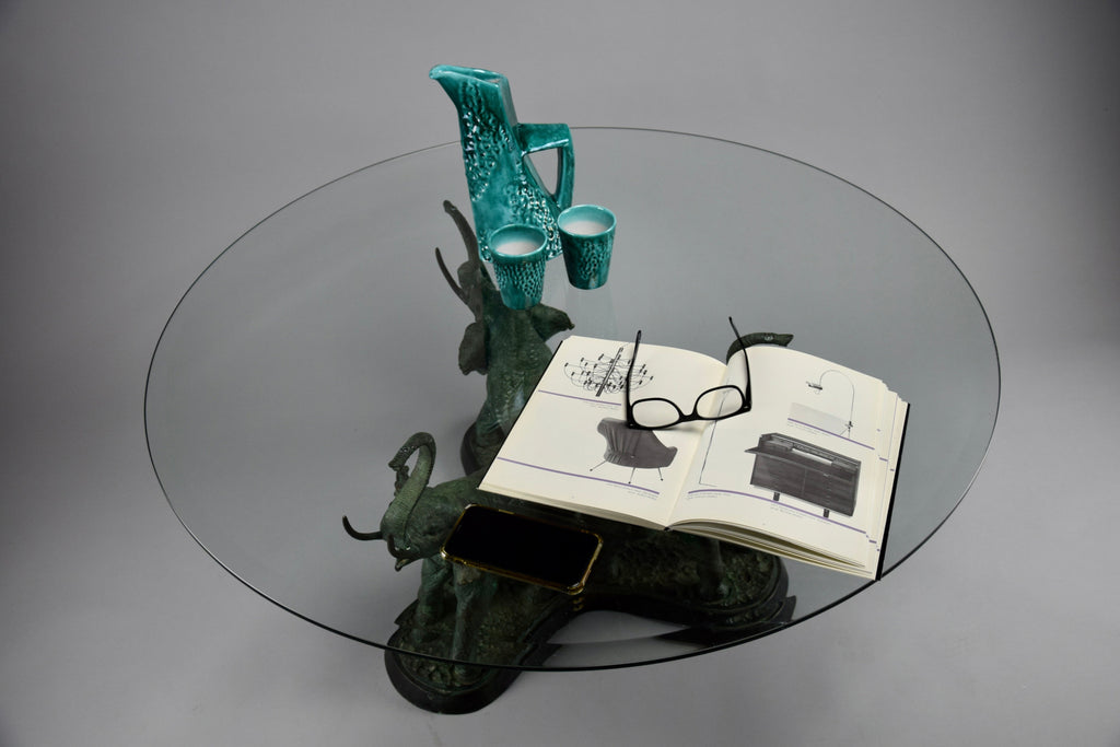 Italian hollywood regency brass elephants coffee Table with glass round top - Coffee Table