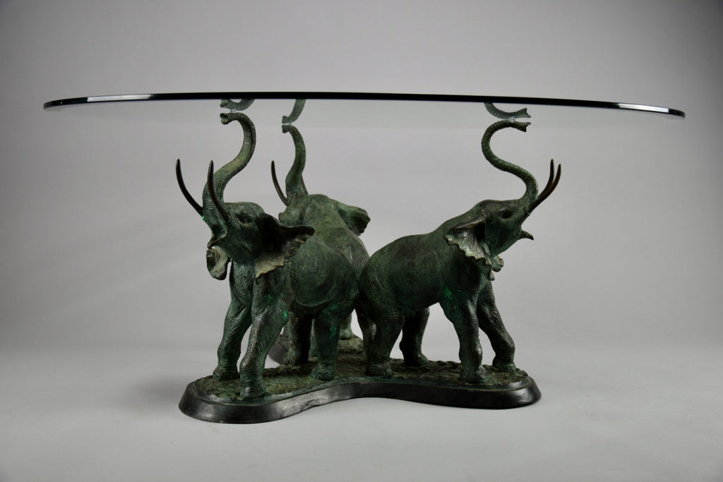 Italian hollywood regency brass elephants coffee Table with glass round top - Coffee Table