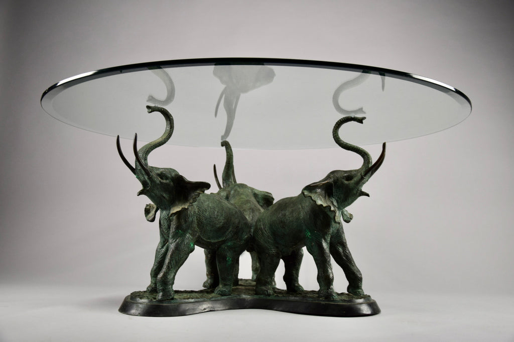 Italian hollywood regency brass elephants coffee Table with glass round top - Coffee Table