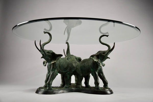 Italian hollywood regency brass elephants coffee Table with glass round top - Coffee Table
