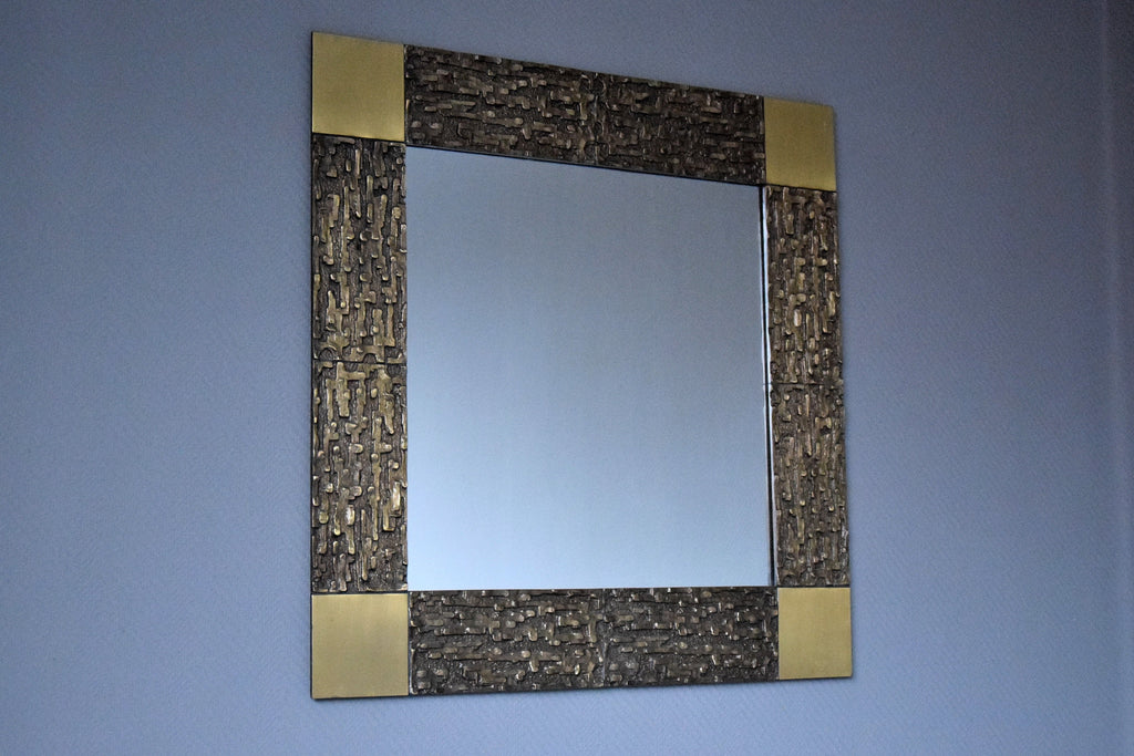 Italian Mid-Century Modern Solid Bronze Square Mirror by Luciano Frigerio - Decor