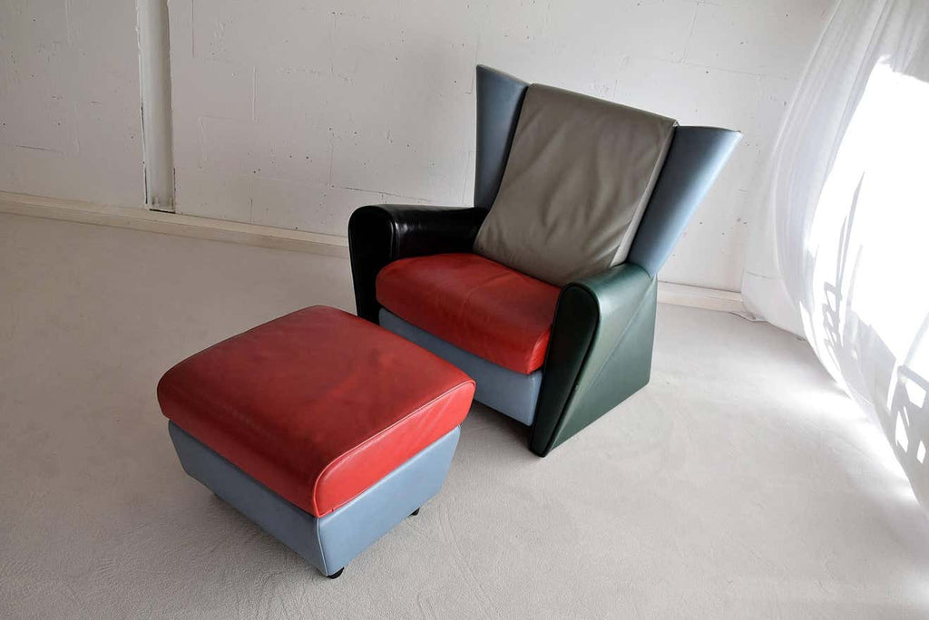 Italian Post Modern Multi Color Leather Lounge Chair - Furniture