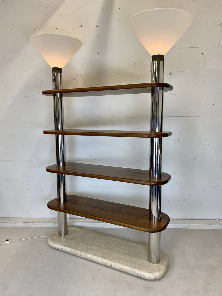 Italian Post Modern Travertine Wood and Polished Stainless Steel Bookcase - storage