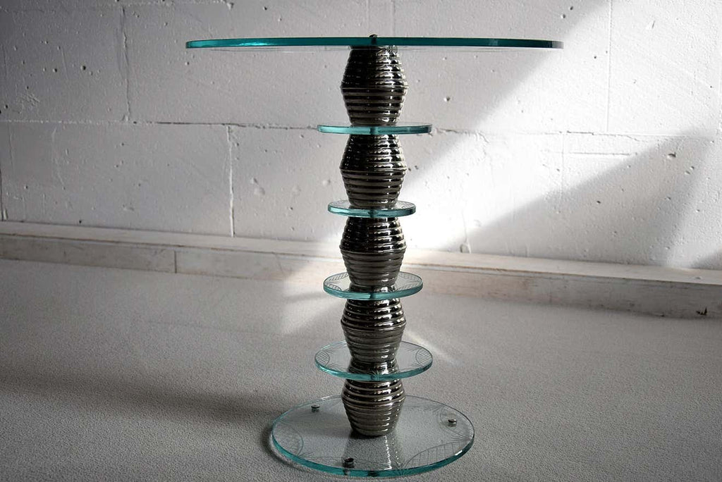 Italian Round Mid-Century Glass and Chrome Plated Brass Side Table - Furniture