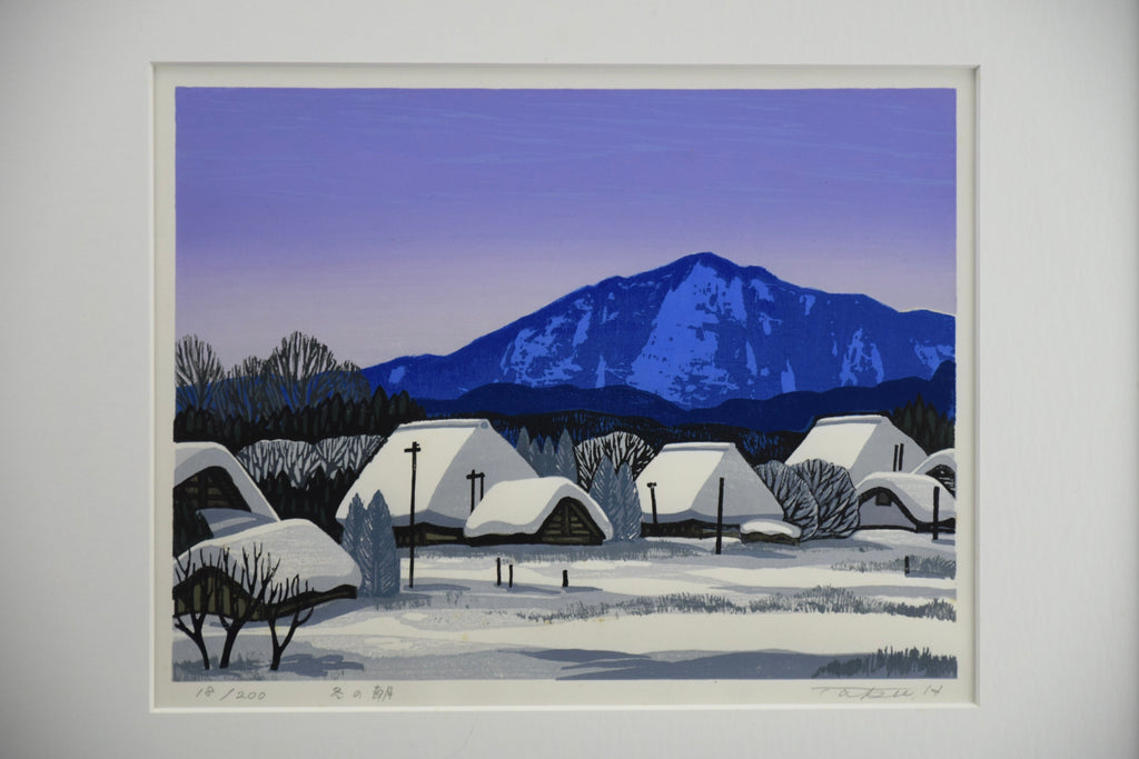 Japanese woodblock print Shirakawa-go in ’Winter Morning’ by Taku Harada 1960 - Art