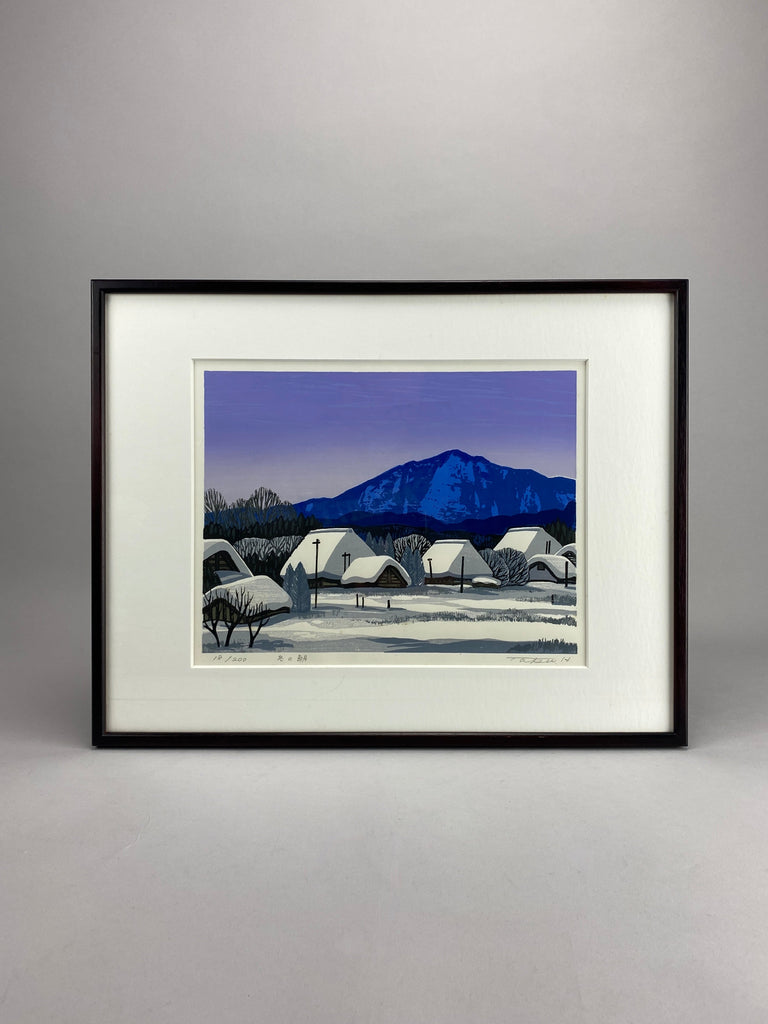 Japanese woodblock print Shirakawa-go in ’Winter Morning’ by Taku Harada 1960 - Art