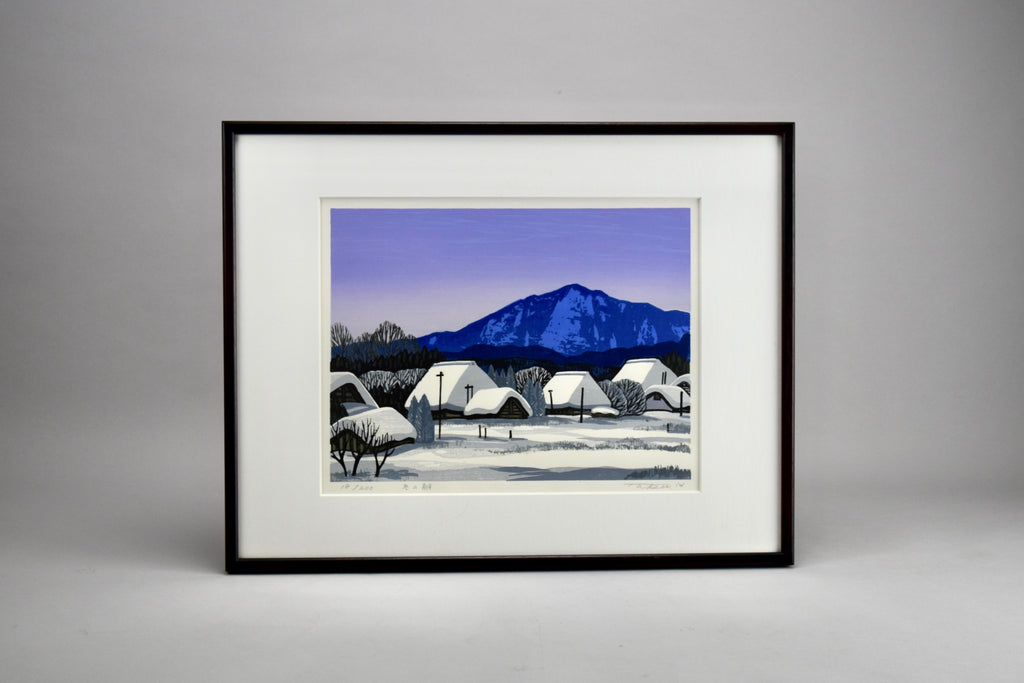 Japanese woodblock print Shirakawa-go in ’Winter Morning’ by Taku Harada 1960 - Art