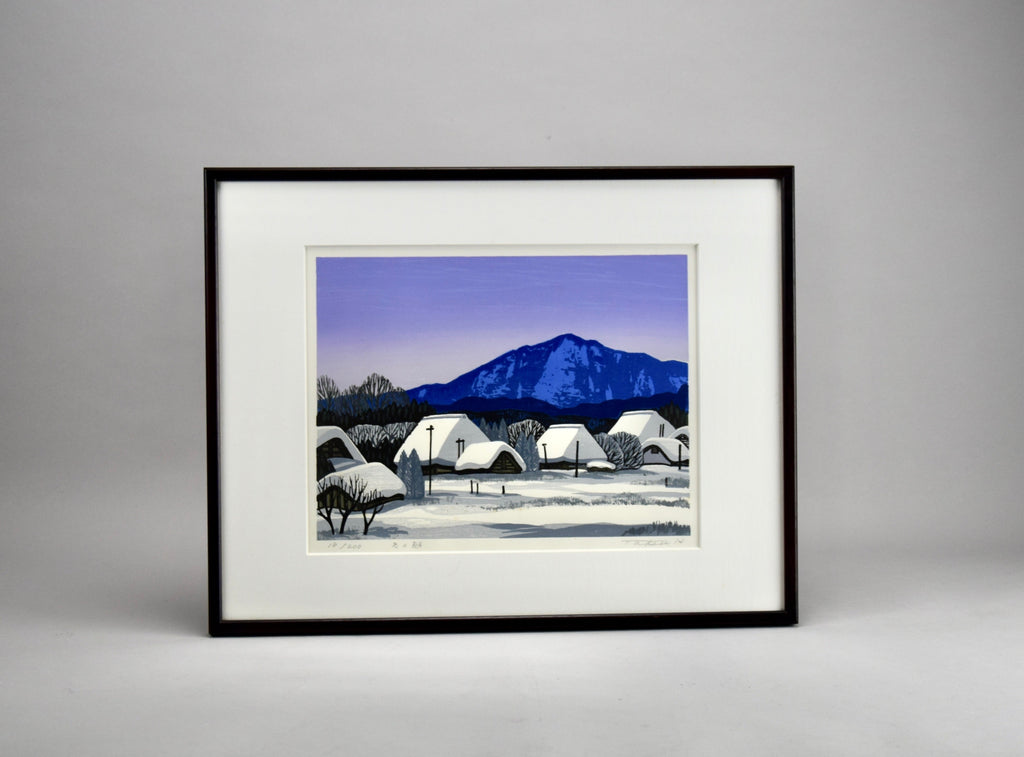 Japanese woodblock print Shirakawa-go in ’Winter Morning’ by Taku Harada 1960 - Art