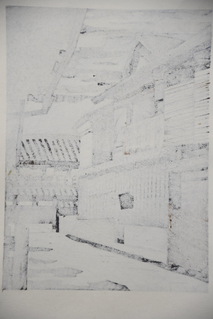 Katsuyuki Nishijima, “Yuki Dayori” (Snowing), Sōsaku-hanga woodblock print Kyoto street scene in winter 1990s - Art