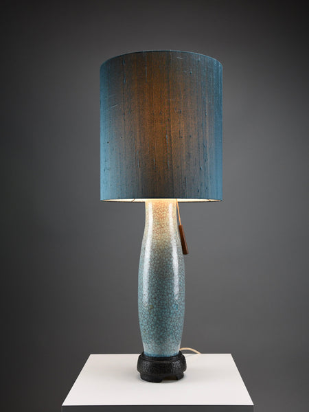 Mid century blue green turquoise ceramic table lamp with a blue grey silk shade - Lighting