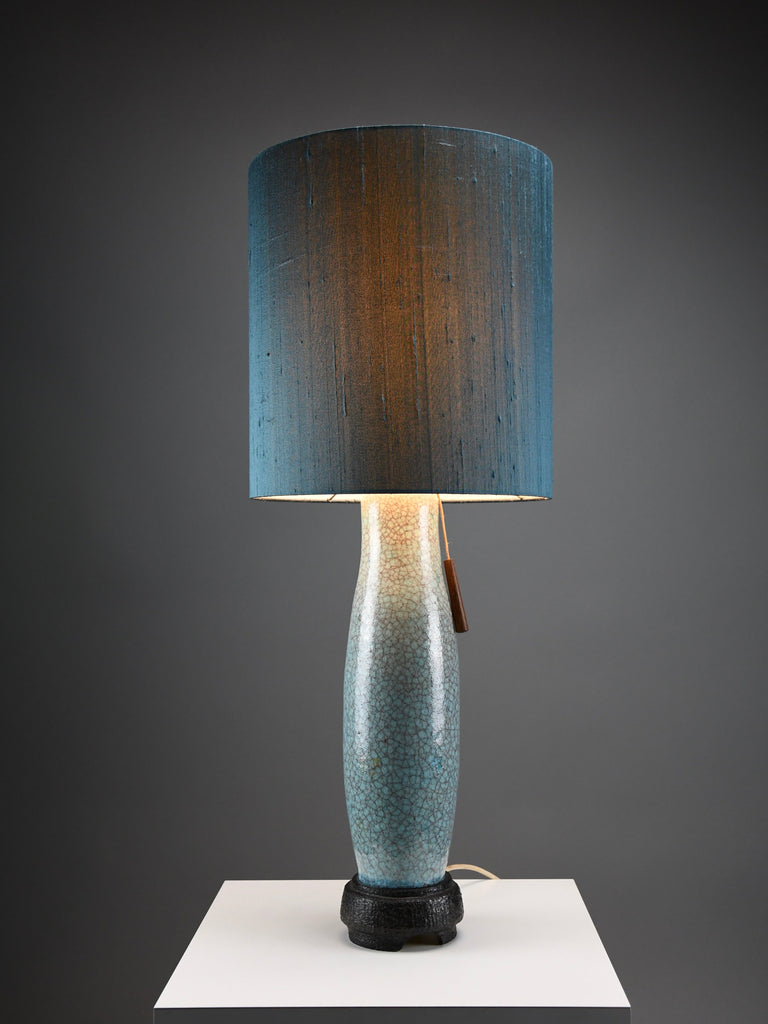 Mid century blue green turquoise ceramic table lamp with a blue grey silk shade - Lighting