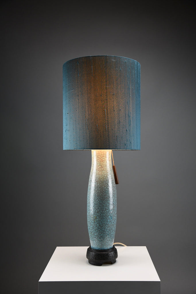 Mid century blue green turquoise ceramic table lamp with a blue grey silk shade - Lighting
