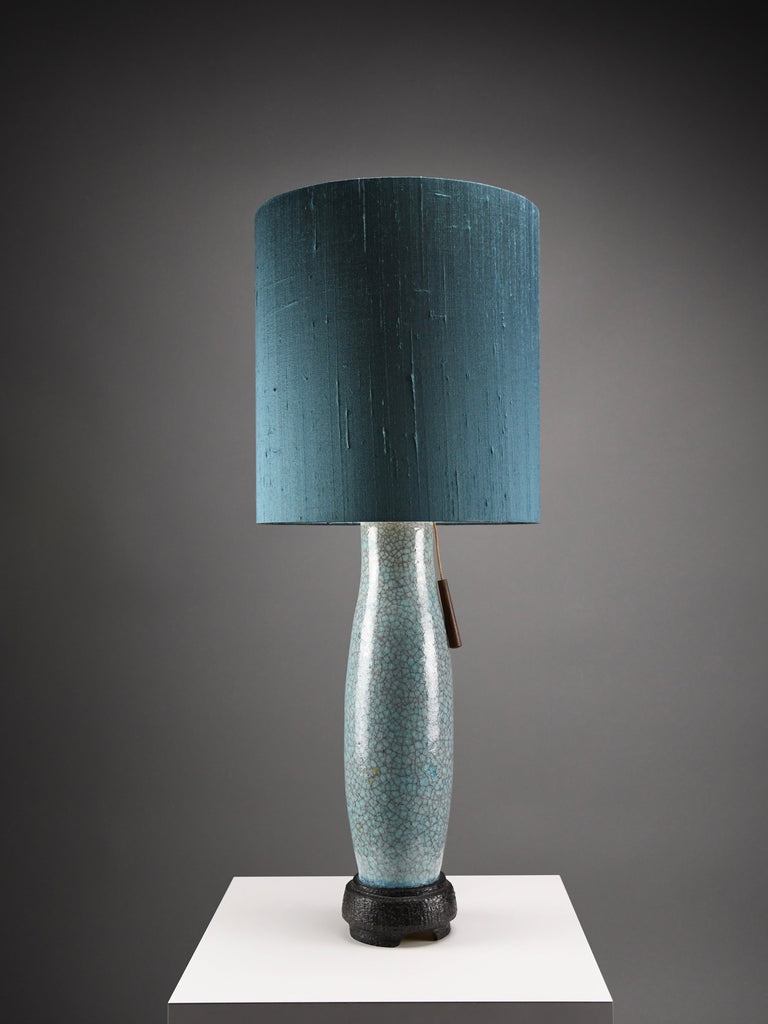 Mid century blue green turquoise ceramic table lamp with a blue grey silk shade - Lighting