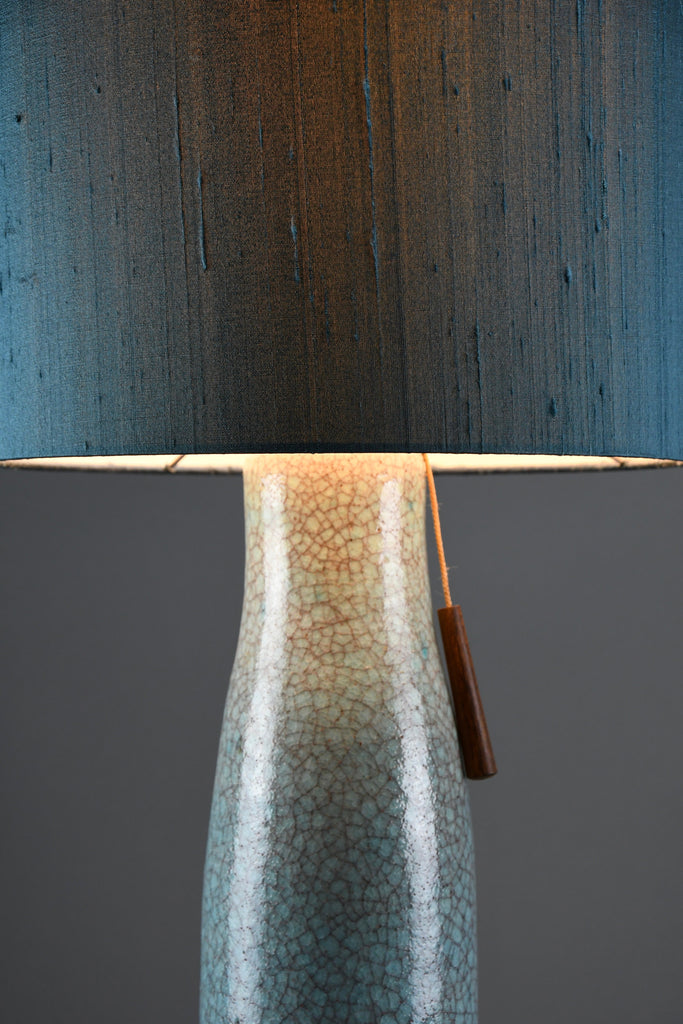 Mid century blue green turquoise ceramic table lamp with a blue grey silk shade - Lighting