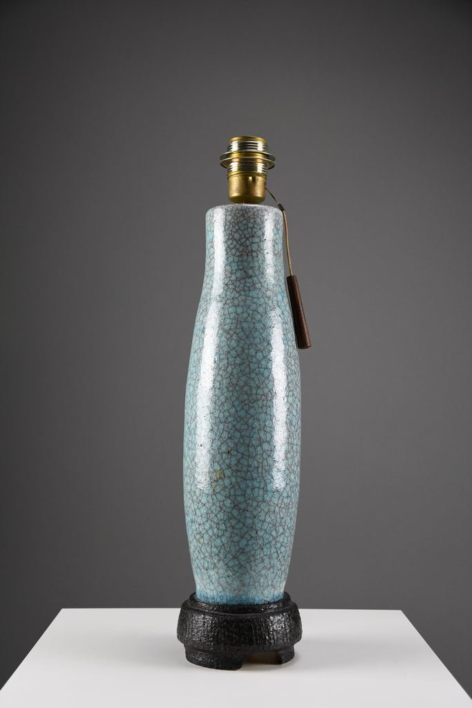 Mid century blue green turquoise ceramic table lamp with a blue grey silk shade - Lighting