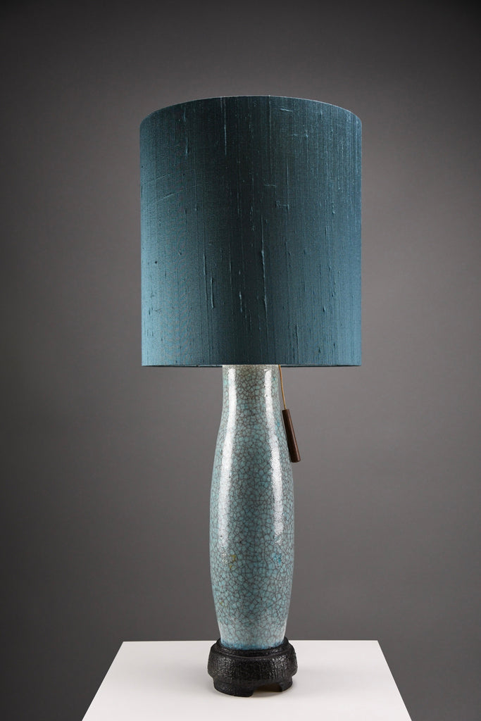 Mid century blue green turquoise ceramic table lamp with a blue grey silk shade - Lighting