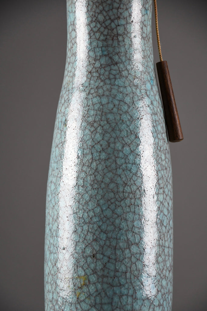 Mid century blue green turquoise ceramic table lamp with a blue grey silk shade - Lighting
