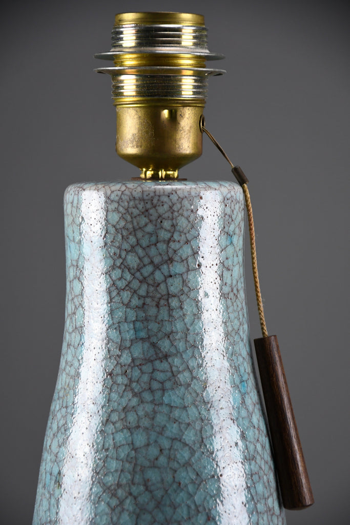 Mid century blue green turquoise ceramic table lamp with a blue grey silk shade - Lighting