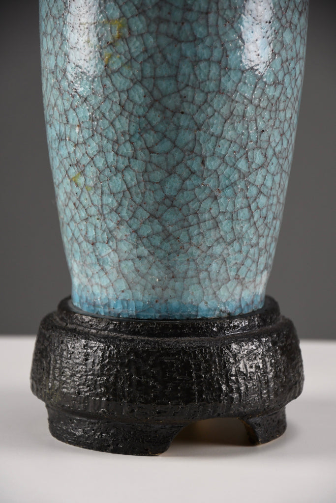 Mid century blue green turquoise ceramic table lamp with a blue grey silk shade - Lighting
