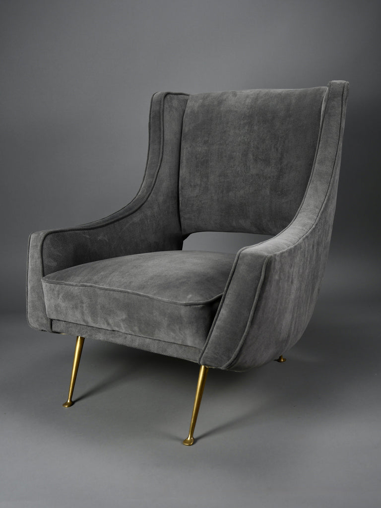 Mid-Century Grey Velvet Lounge Chair by ISA Bergamo Italy 1950s - Furniture