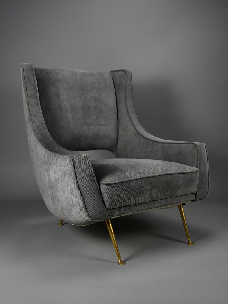 Mid-Century Grey Velvet Lounge Chair by ISA Bergamo Italy 1950s - Furniture
