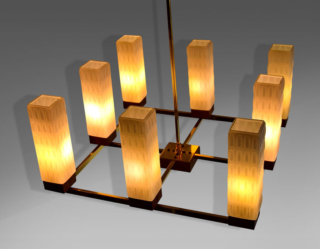 Mid-Century Modern Brass Teak and Glass Chandelier - Lighting