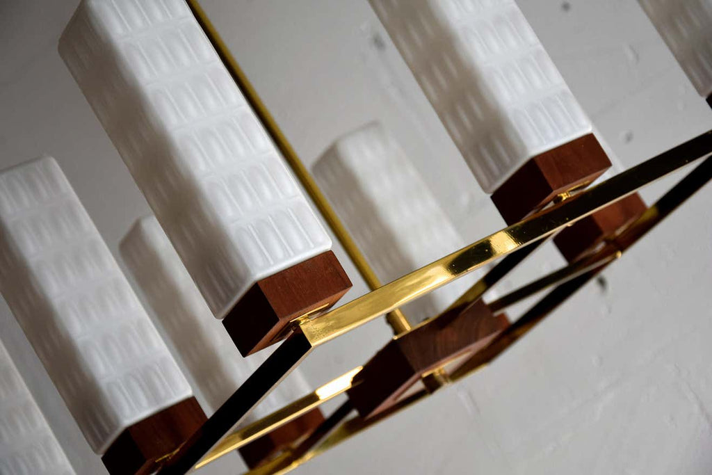 Mid-Century Modern Brass Teak and Glass Chandelier - Lighting