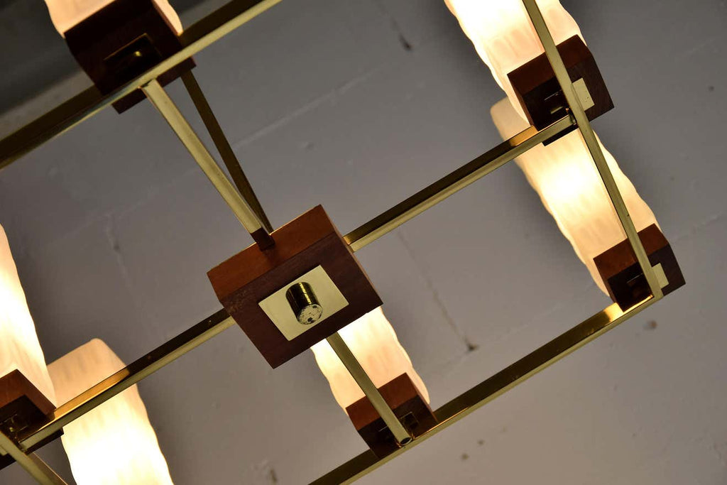 Mid-Century Modern Brass Teak and Glass Chandelier - Lighting
