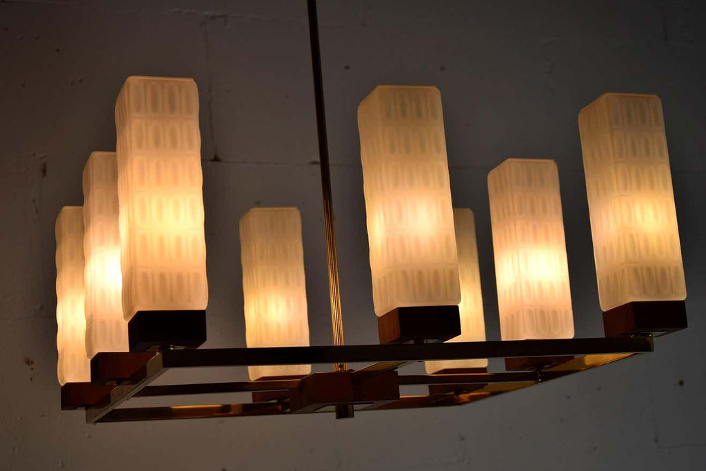 Mid-Century Modern Brass Teak and Glass Chandelier - Lighting