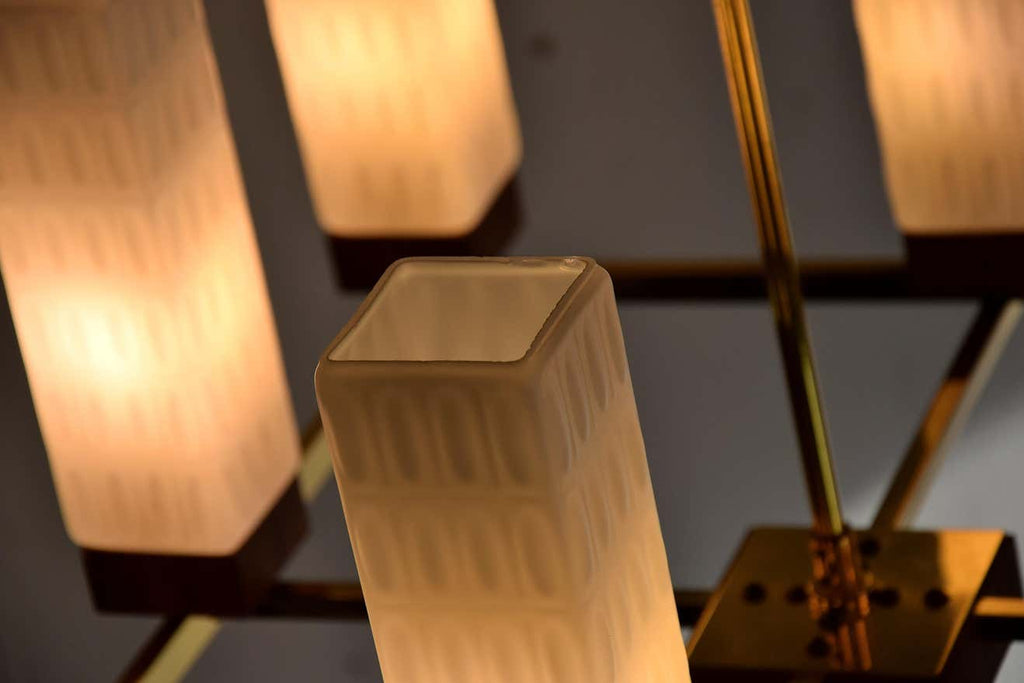 Mid-Century Modern Brass Teak and Glass Chandelier - Lighting