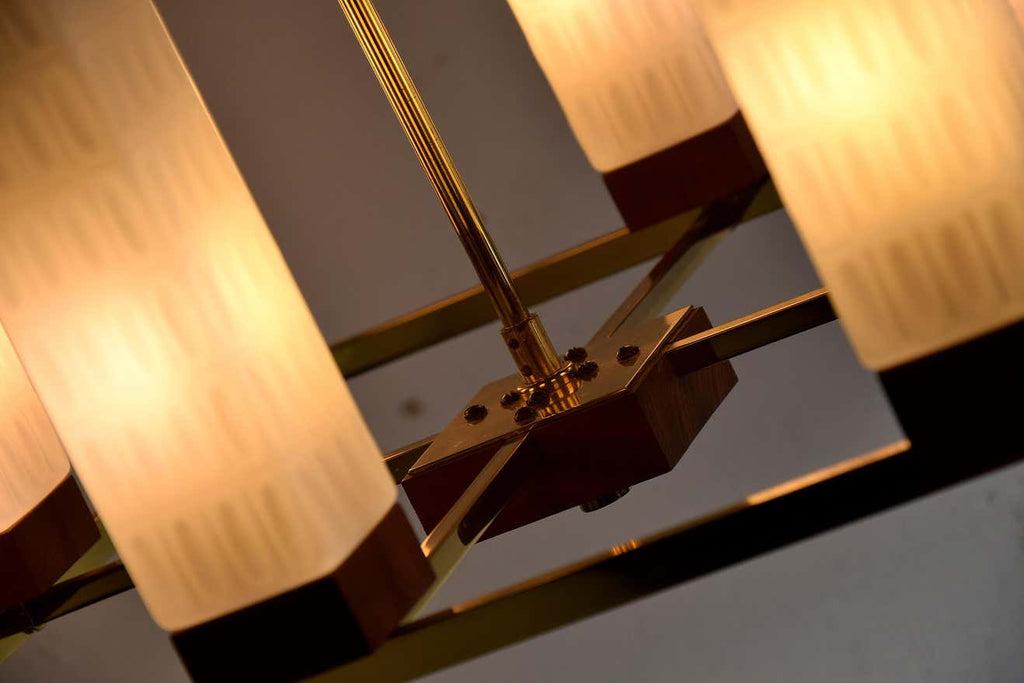 Mid-Century Modern Brass Teak and Glass Chandelier - Lighting