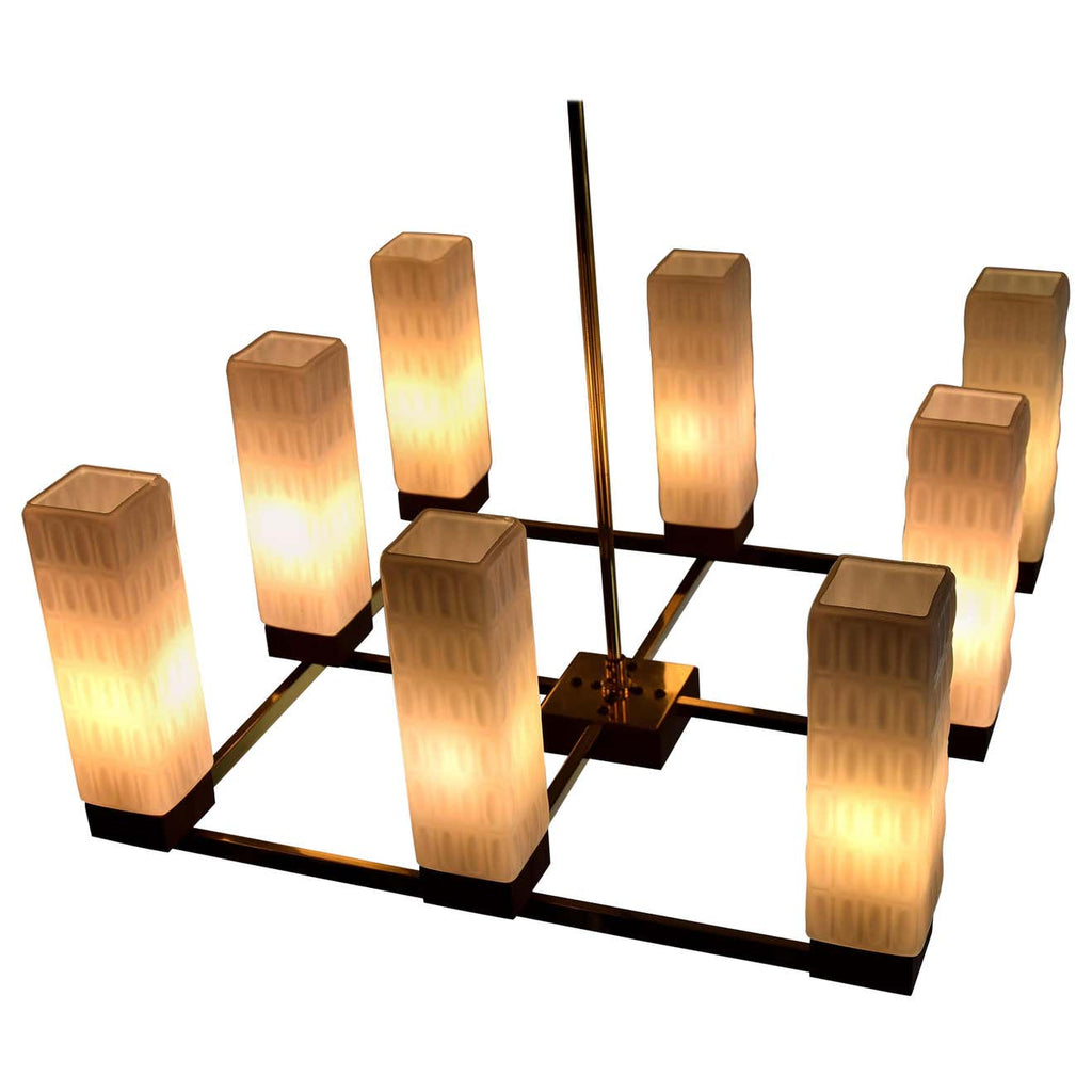 Mid-Century Modern Brass Teak and Glass Chandelier - Lighting