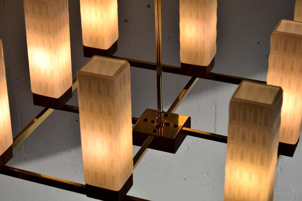 Mid-Century Modern Brass Teak and Glass Chandelier - Lighting