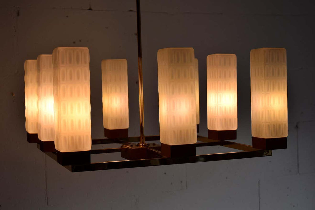 Mid-Century Modern Brass Teak and Glass Chandelier - Lighting