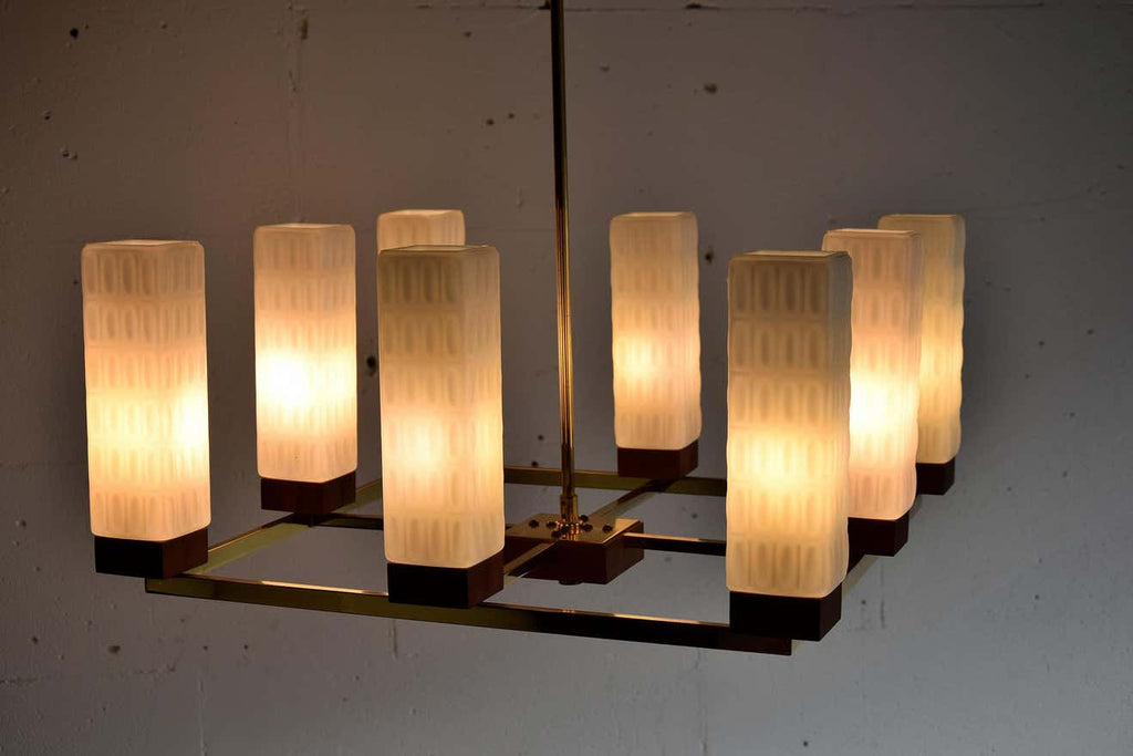 Mid-Century Modern Brass Teak and Glass Chandelier - Lighting