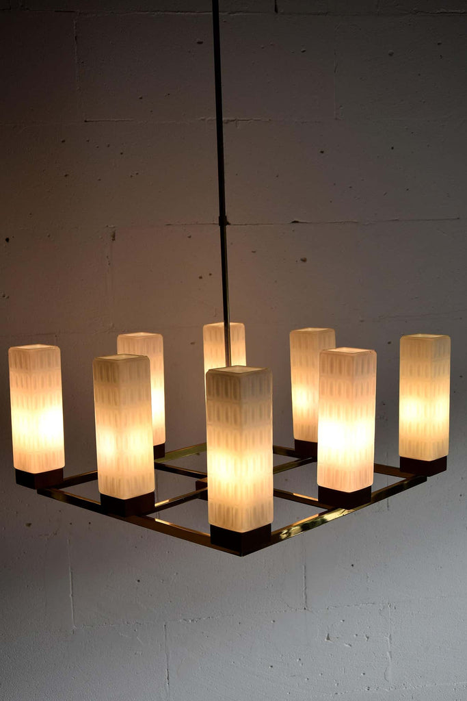 Mid-Century Modern Brass Teak and Glass Chandelier - Lighting