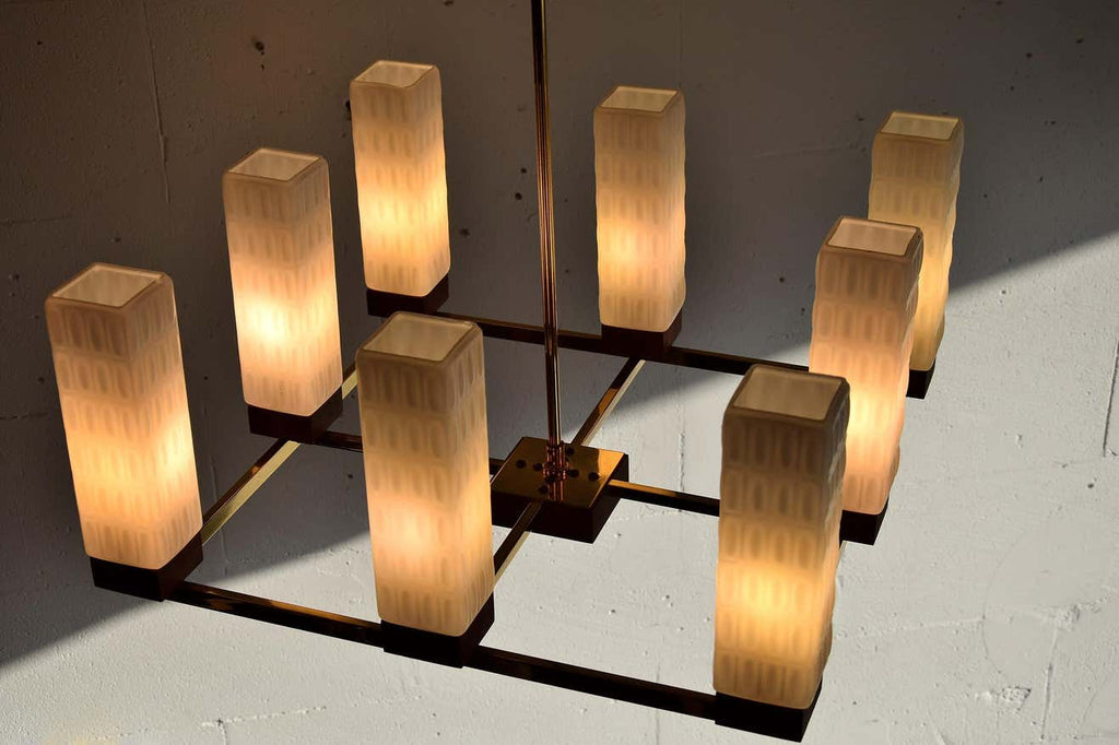Mid-Century Modern Brass Teak and Glass Chandelier - Lighting