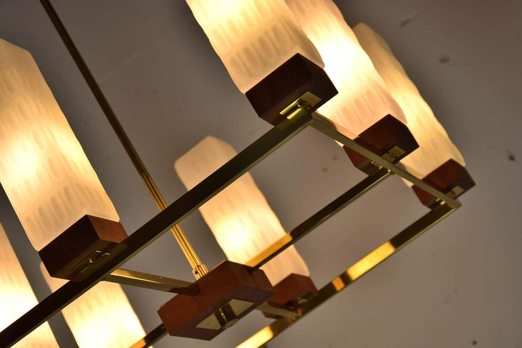 Mid-Century Modern Brass Teak and Glass Chandelier - Lighting