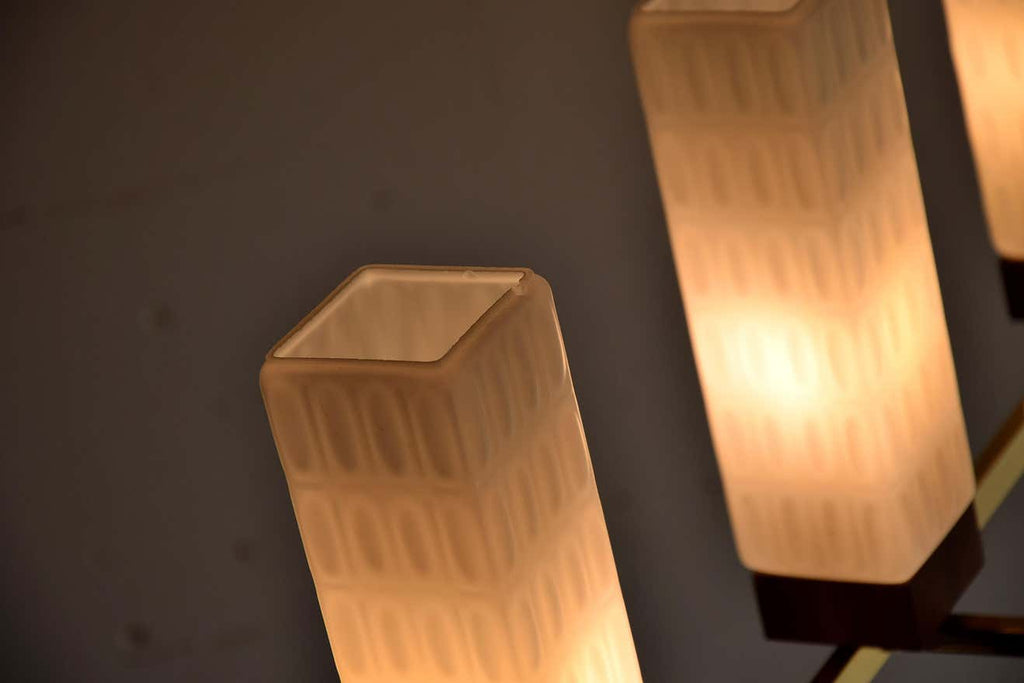 Mid-Century Modern Brass Teak and Glass Chandelier - Lighting