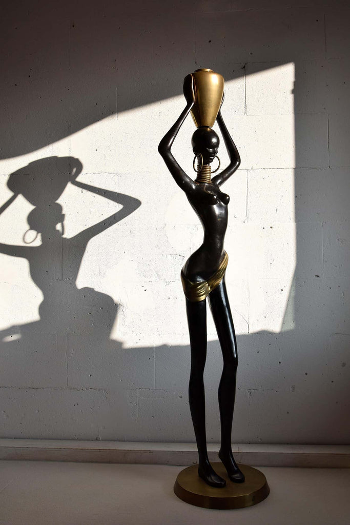 Mid-Century Modern Life Size Brass and Copper Statue of African Beauty - Decor