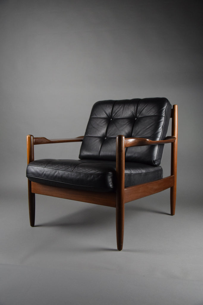Mid century modern Scandinavian Jatoba wood and black leather armchair - Furniture