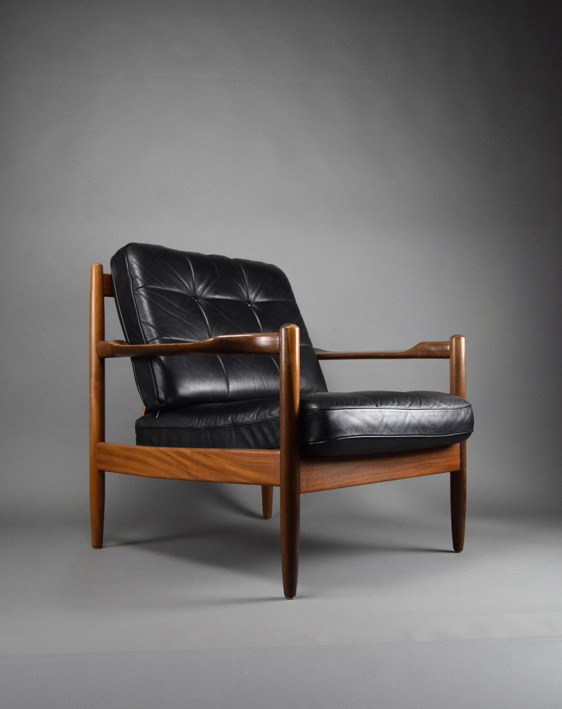Mid century modern Scandinavian Jatoba wood and black leather armchair - Furniture
