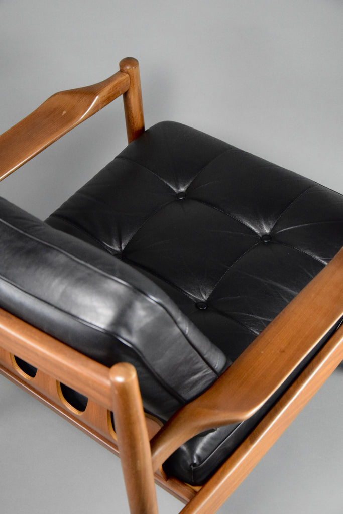 Mid century modern Scandinavian Jatoba wood and black leather armchair - Furniture