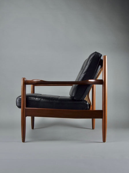 Mid century modern Scandinavian Jatoba wood and black leather armchair - Furniture